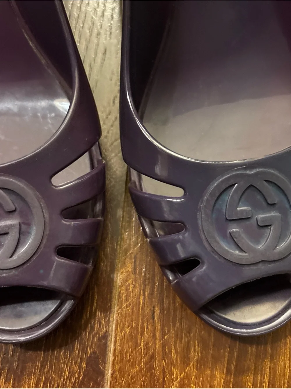 Gucci GG Logo Purple Rubber Slip On Wedge Shoes SZ 6